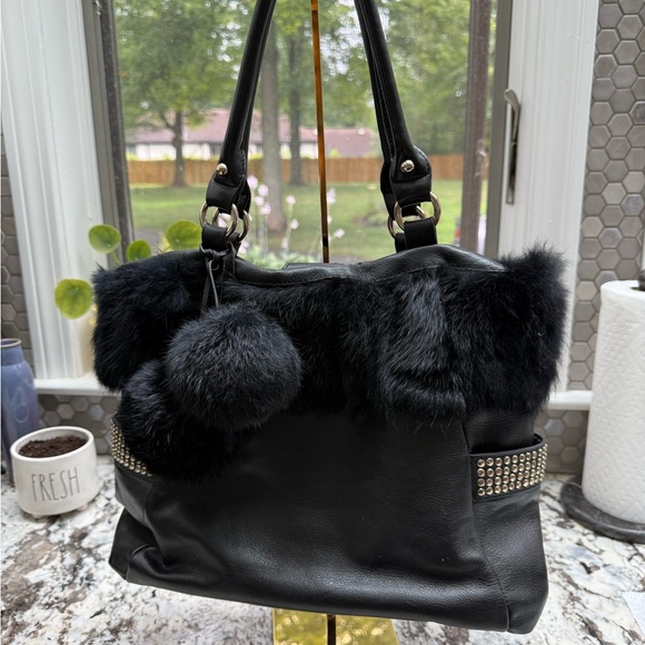 Diane Gail Handbags - Luxurious Black Fur-Accent Shoulder Bag